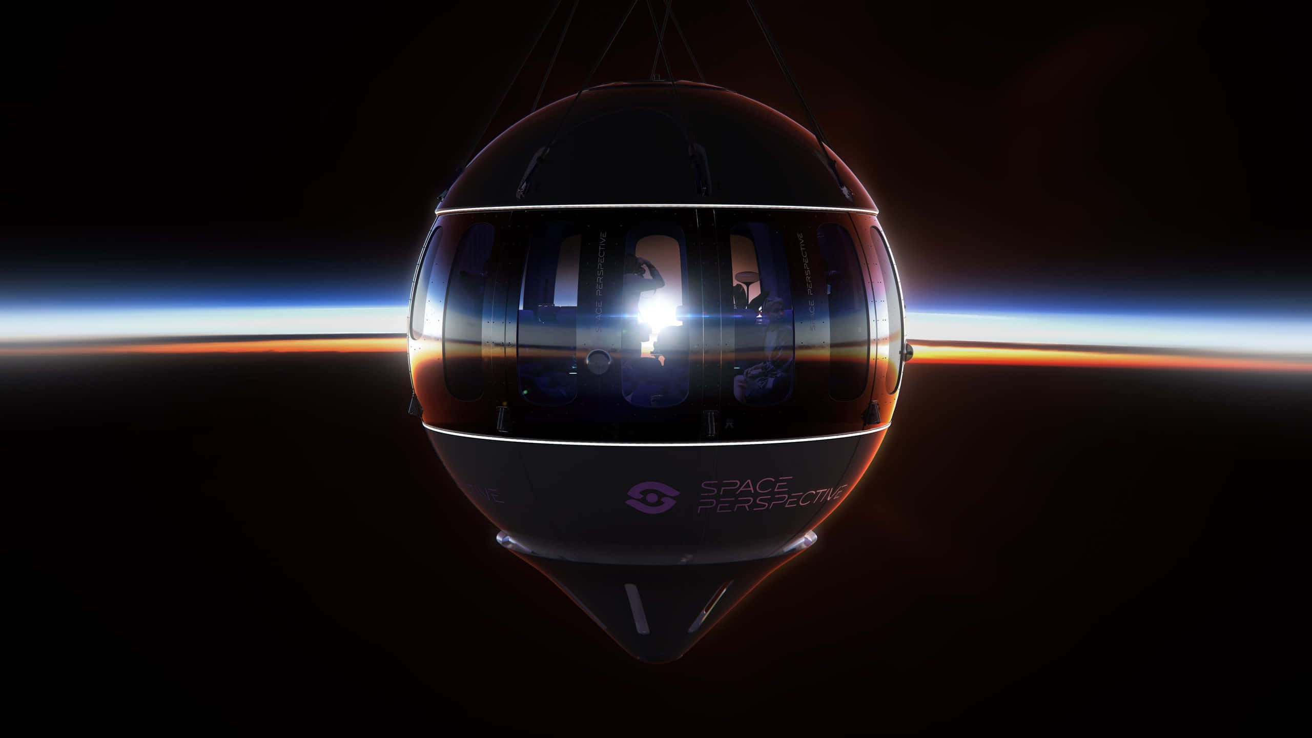 Spaceship 桌布 壁紙 — 一個時尚的黑色球形太空艙懸掛在日出時地球地平線的鮮豔橙色和藍色曲線上。