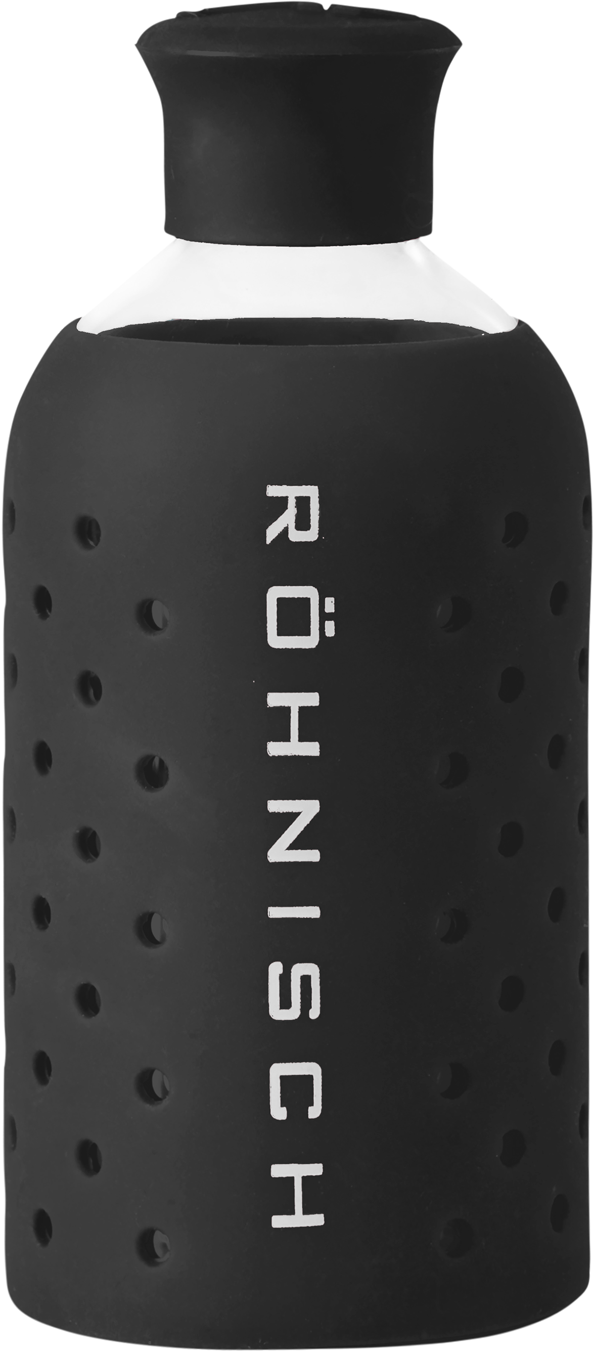 Drink 桌布 壁紙 — 一個時尚的黑色瓶子，帶有穿孔矽膠套和白色 'RÖHNISCH' 品牌標誌，矗立在純白色背景前。