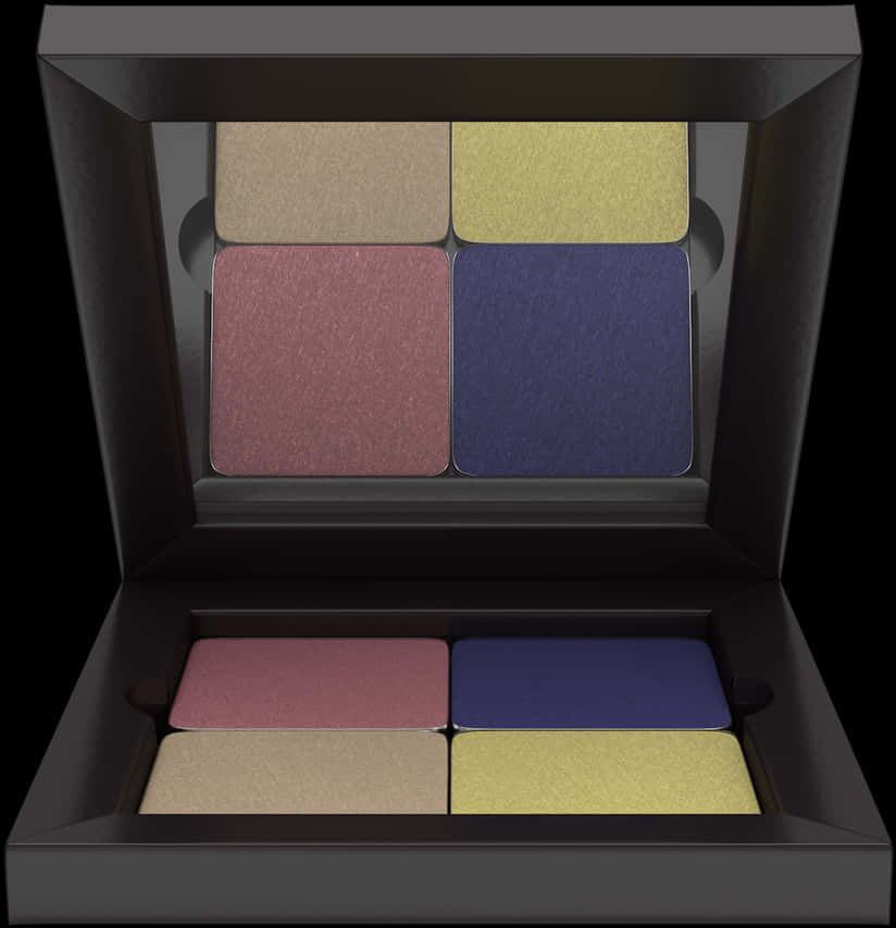 Makeup Kit 桌布 壁紙 — 一個時尚的黑色眼影盤包含八個閃爍的眼影盤，顏色有金色、玫瑰色、藍色和黃色。