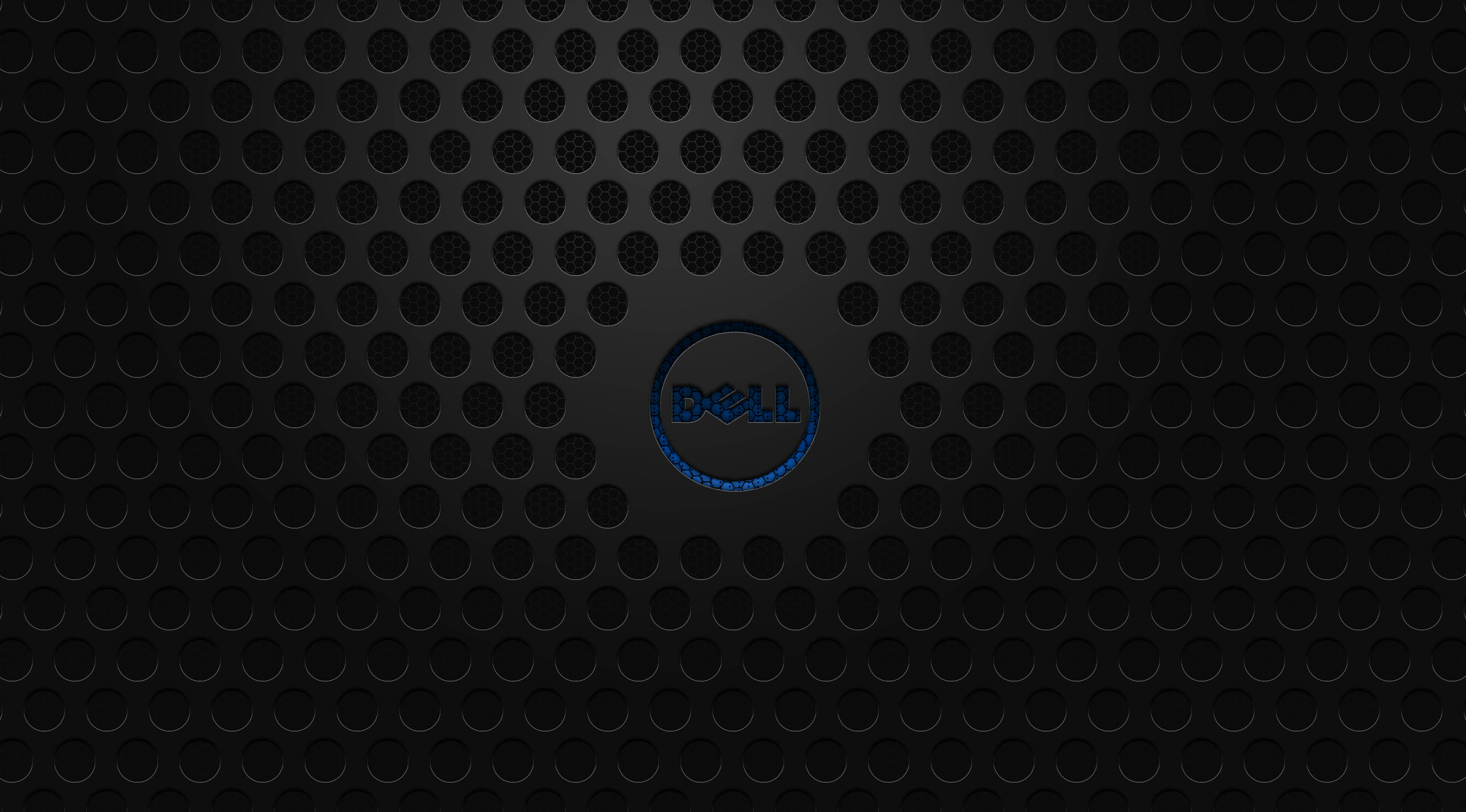 dell 4K 桌布 壁紙 — 一個時尚的黑色穿孔表面，中央有一個發光的藍色Dell標誌。