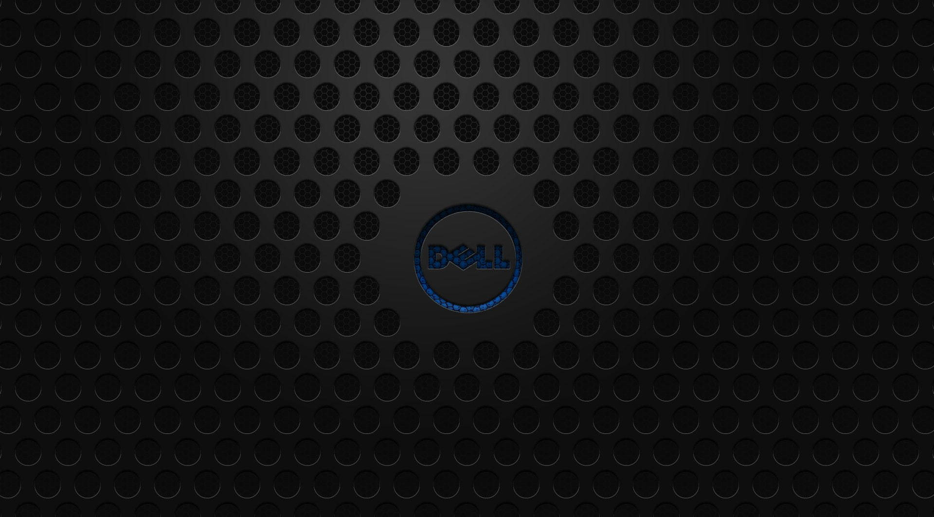 Dell Laptop 桌布 壁紙 — 一個時尚的黑色穿孔表面，中央有一個發光的藍色Dell標誌。
