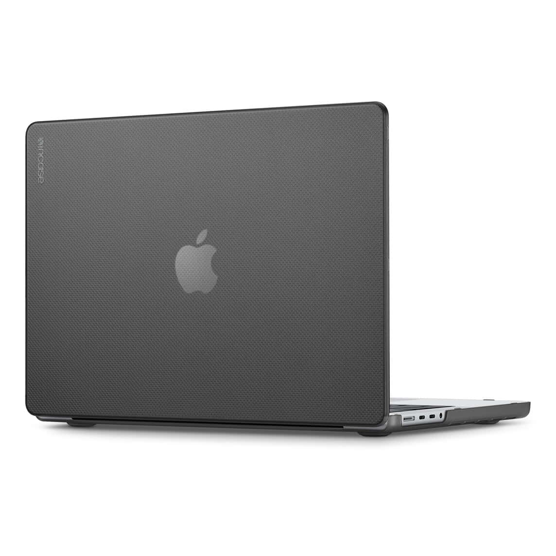 Black Macbook 桌布 壁紙 — 一個時尚的黑色紋理筆記型電腦保護殼，在純白色背景上顯示關閉的MacBook上的Apple標誌。