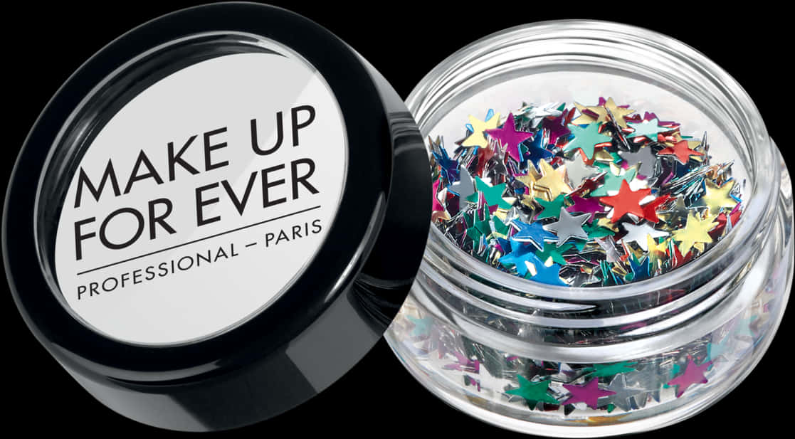 閃爍 桌布 壁紙 — 一個時尚的黑色罐子，裝有Make Up For Ever星形亮片，色彩鮮豔，背景為純黑色。