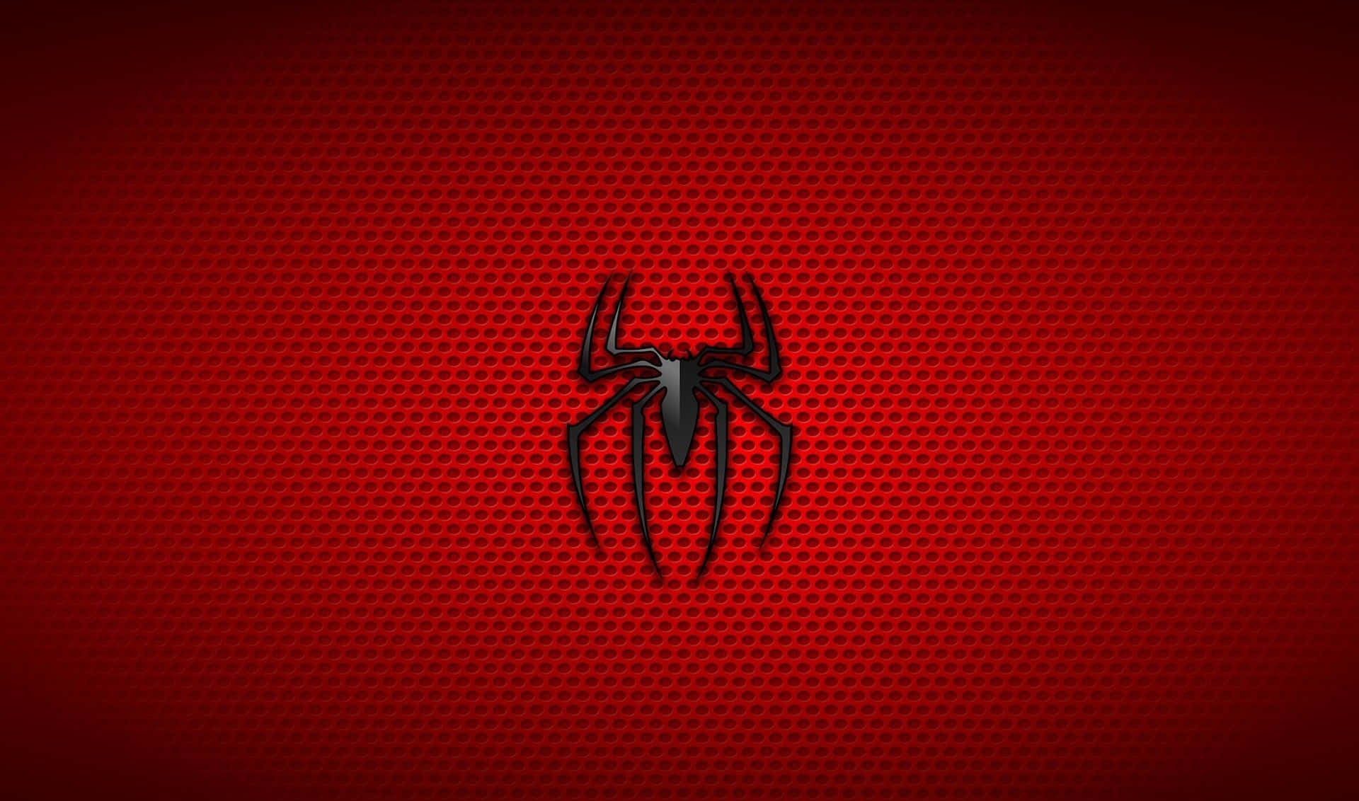 Spider 桌布 壁紙 — 一個時尚的黑色蜘蛛標誌，居中放置在帶紋理的紅色漸變背景上。