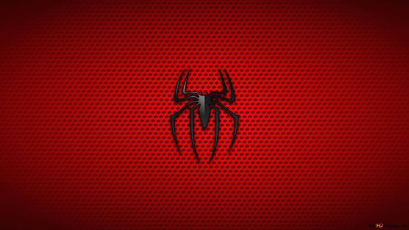 Spiderman 1366x768 桌布 壁紙 — 一個時尚的黑色蜘蛛標誌，居中放置在帶紋理的紅色漸變背景上。