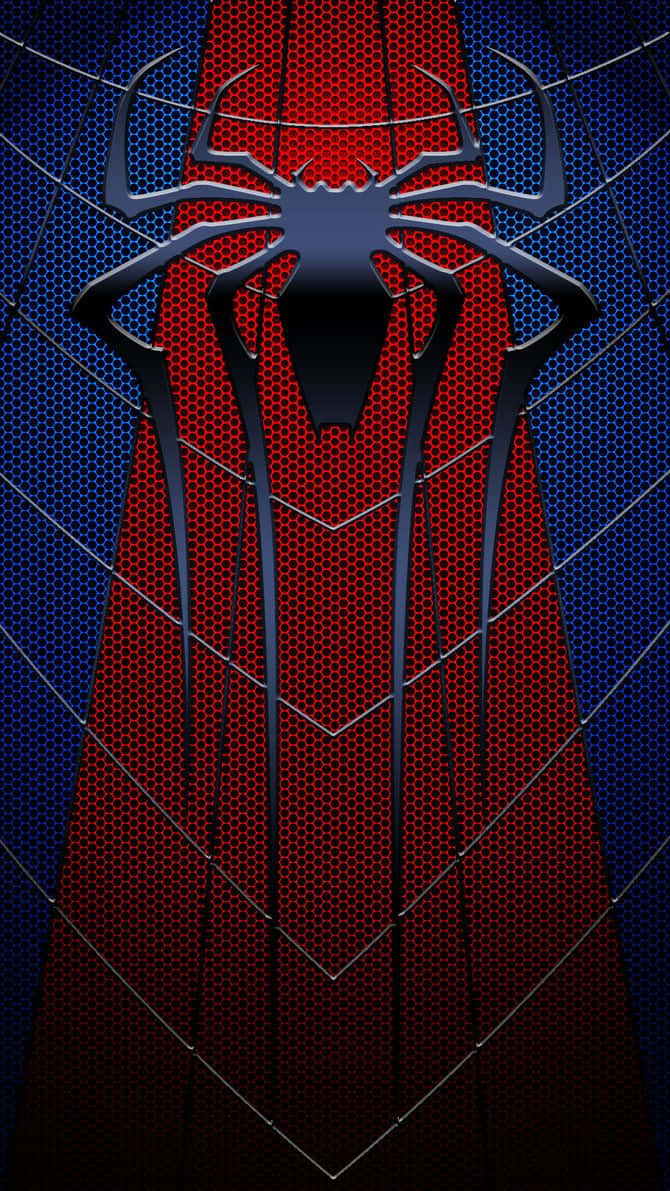 Spider Man Phone 桌布 壁紙 — 一個時尚的黑色蜘蛛標誌，居中於紅藍六角形網格背景上，帶有蜘蛛網線條。