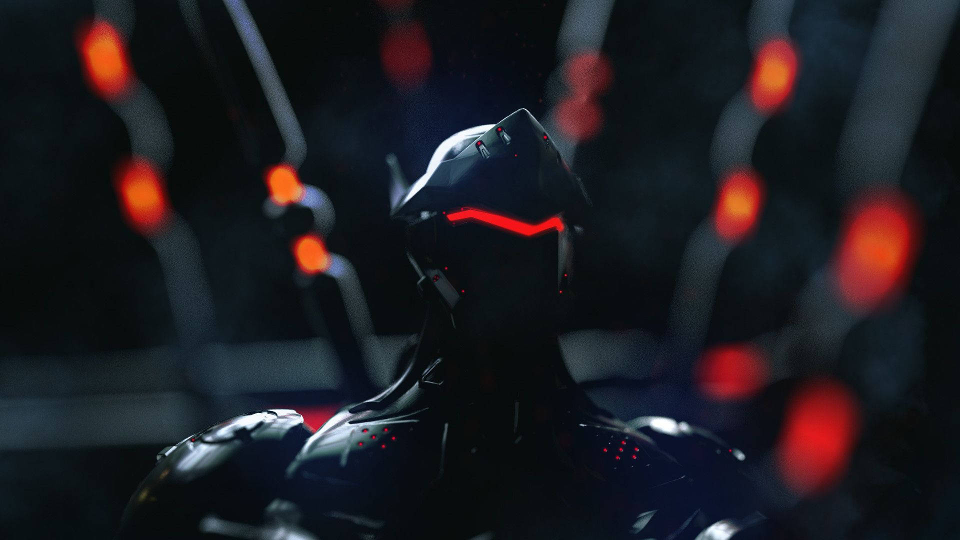 Genji 桌布 壁紙 — 一個時尚的黑色裝甲人物，帶有發光的紅色眼睛和電路，站在陰影黑暗中，周圍環繞著漂浮的紅色球體。
