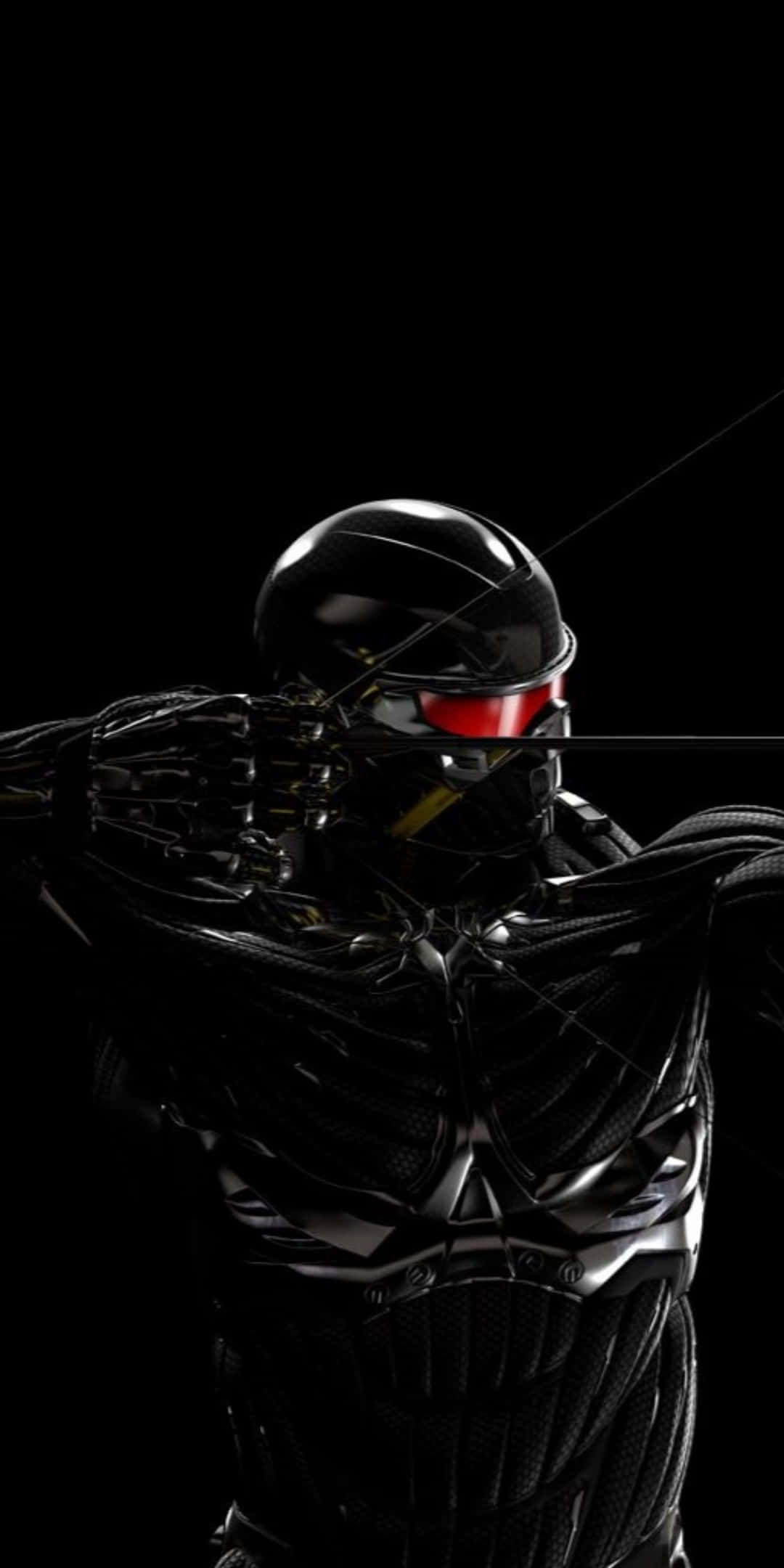 Pixel 3 Crysis 3 桌布 壁紙 — 一個時尚的黑色裝甲弓箭手，擁有發光的紅色眼睛，在純黑色背景上拉弓。
