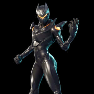 Fortnite Character 桌布 壁紙 — 一個時尚的黑色裝甲超級英雄，帶有發光的橙色點綴，在純黑色背景上動態站立。