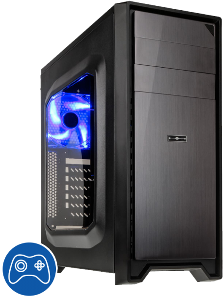 Gaming Computer 桌布 壁紙 — 一個時尚的黑色遊戲電腦機箱，帶有發光藍色內部風扇和穿孔側面板，背景為白色。
