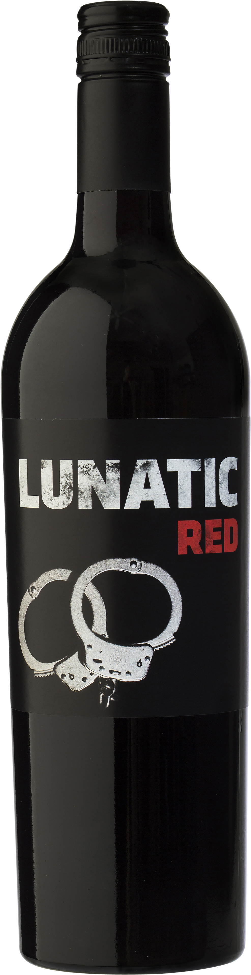 剪貼畫 桌布 壁紙 — 一個時尚的黑色酒瓶，標有 'LUNATIC RED'，在深色背景上帶有手銬圖案。
