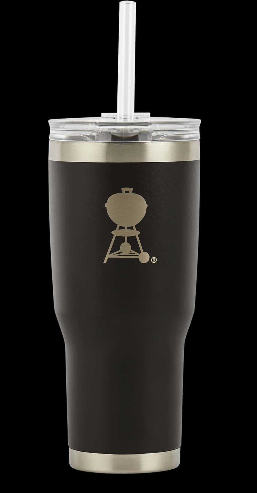 tumbler 桌布 壁紙 — 一個時尚的黑色隔熱杯，帶有銀色裝飾和燒烤標誌，在純黑背景下配有一根透明吸管。