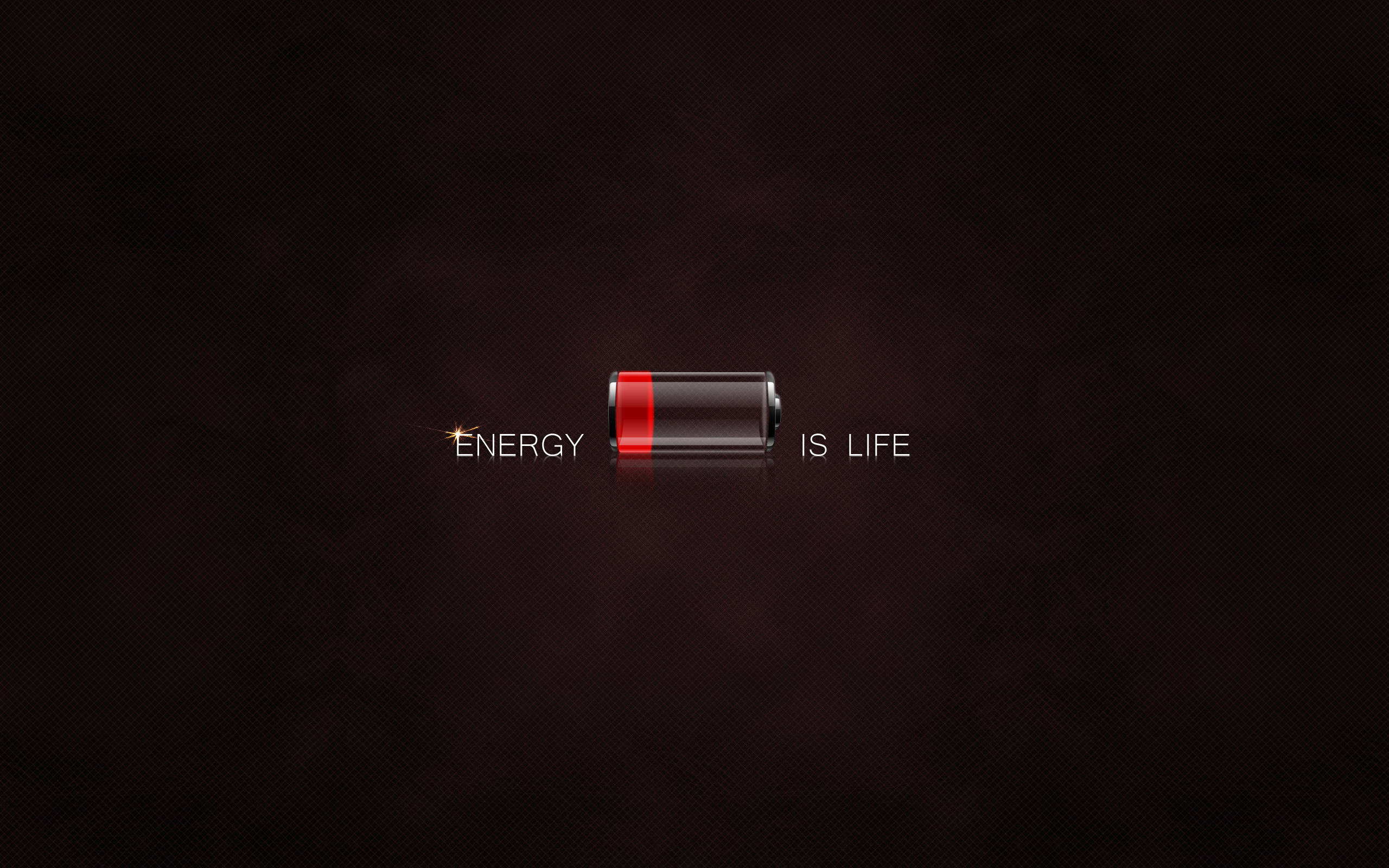 Energy 桌布 壁紙 — 一個時尚的黑色電池帶有紅色條紋，在深色紋理背景上微弱發光，並帶有文字能量就是生命。