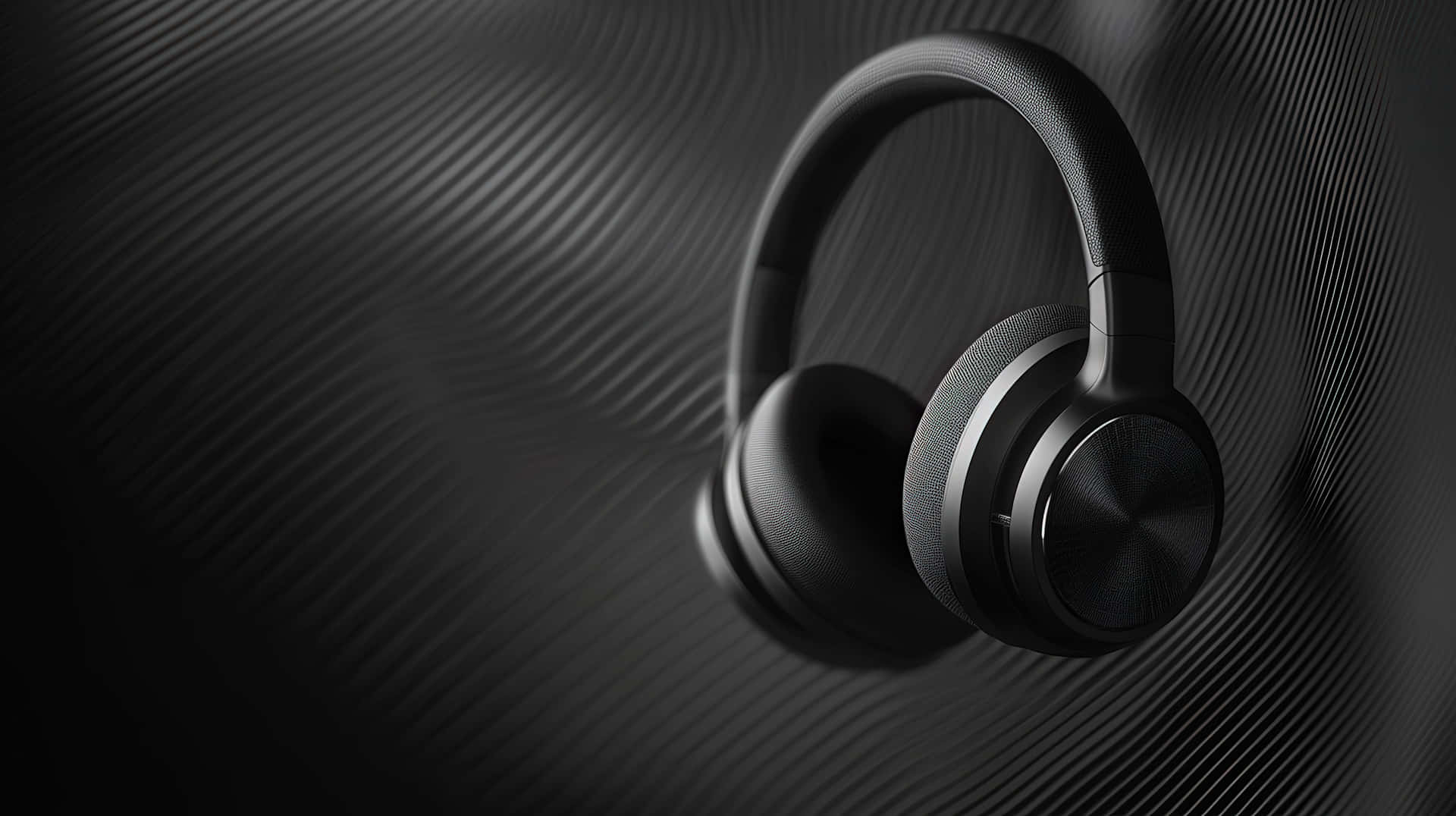 Black Modern Wireless Headphones on Abstract Textured Background Representing High-Quality Audio 壁紙 — 一個時尚的黑色頭戴式耳機漂浮在帶有對角線凹槽的深色紋理背景上。