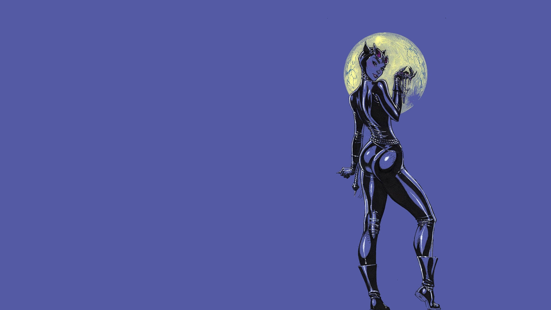 Catwoman 桌布 壁紙 — 一個時尚的黑貓女站在深藍色天空中發光的黃色月亮前。