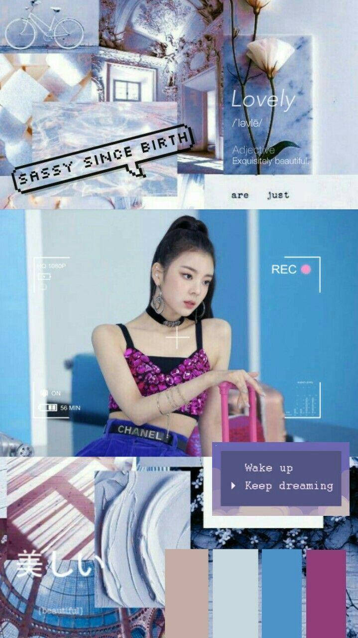 Lia 桌布 壁紙 — 一個時尚視覺的拼貼畫， featuring 一位穿著紫色亮片上衣的女性，背景為藍色，帶有文字疊加和裝飾元素。