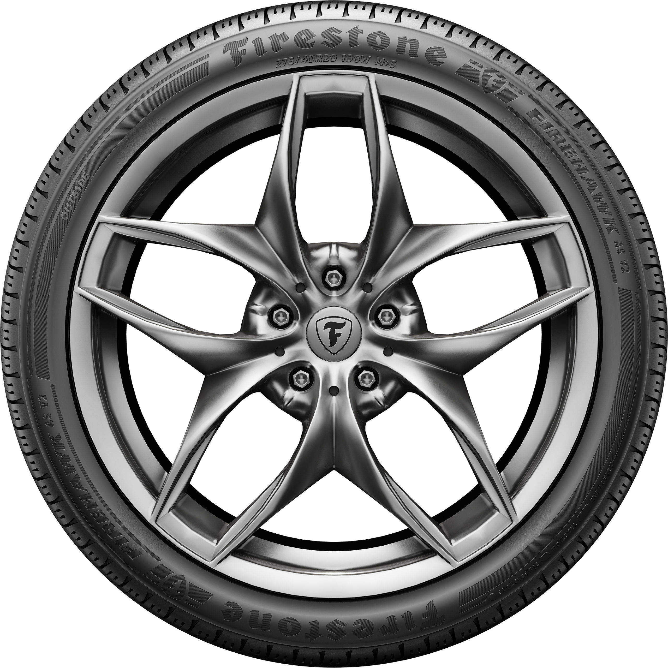 Firestone 桌布 壁紙 — 一個時尚銀色Firestone Firehawk AS V2輪胎的特寫，配有多輻合金輪圈，展示細緻的胎面花紋和品牌標誌。