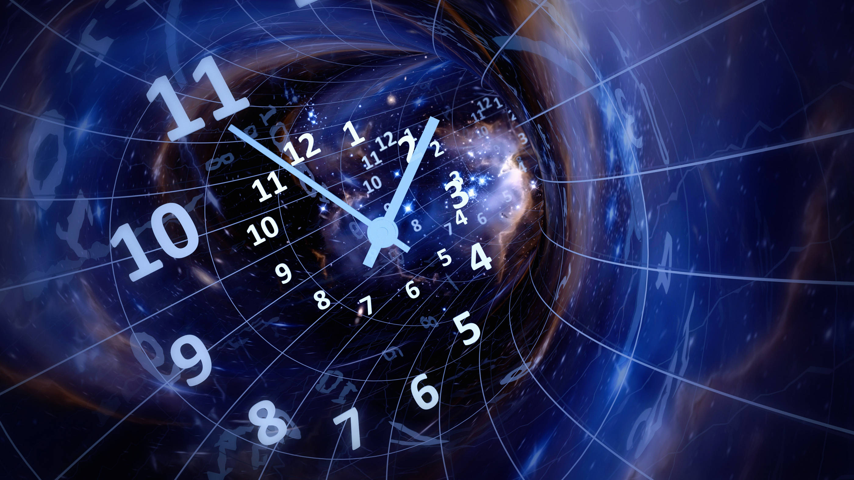 Clock 桌布 壁紙 — 一個時鐘面盤螺旋進入宇宙漩渦，發光數字和星雲環繞指針旋轉。