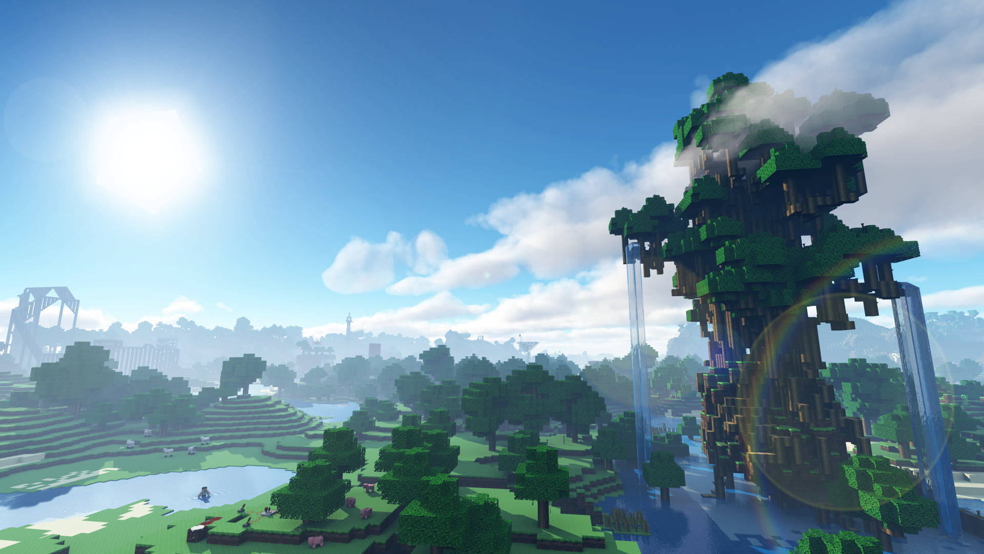 電玩遊戲 桌布 壁紙 — 一個晴朗的日子，在方塊狀的Minecraft世界中，有一棵高聳的樹，瀑布和彩虹在其底部發光。