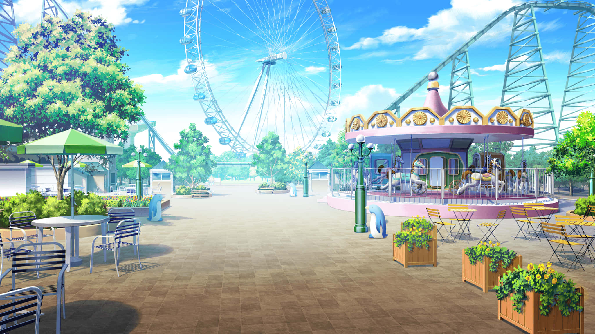 Anime Park 桌布 壁紙 — 一個晴朗的日子，在遊樂園裡有巨大的摩天輪、色彩繽紛的旋轉木馬，以及綠色遮陽傘下的戶外咖啡桌。