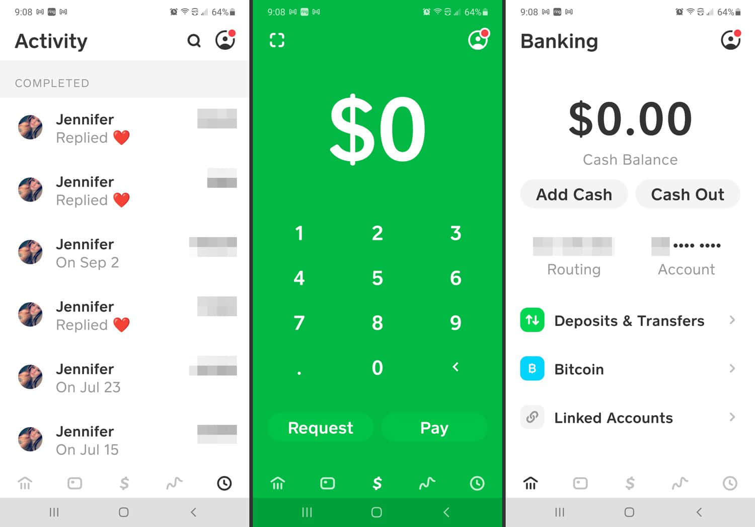 Cash App Balance 桌布 壁紙 — 一個智慧型手機應用程式介面，顯示活動訊息、綠色付款鍵盤及餘額為零的銀行畫面。