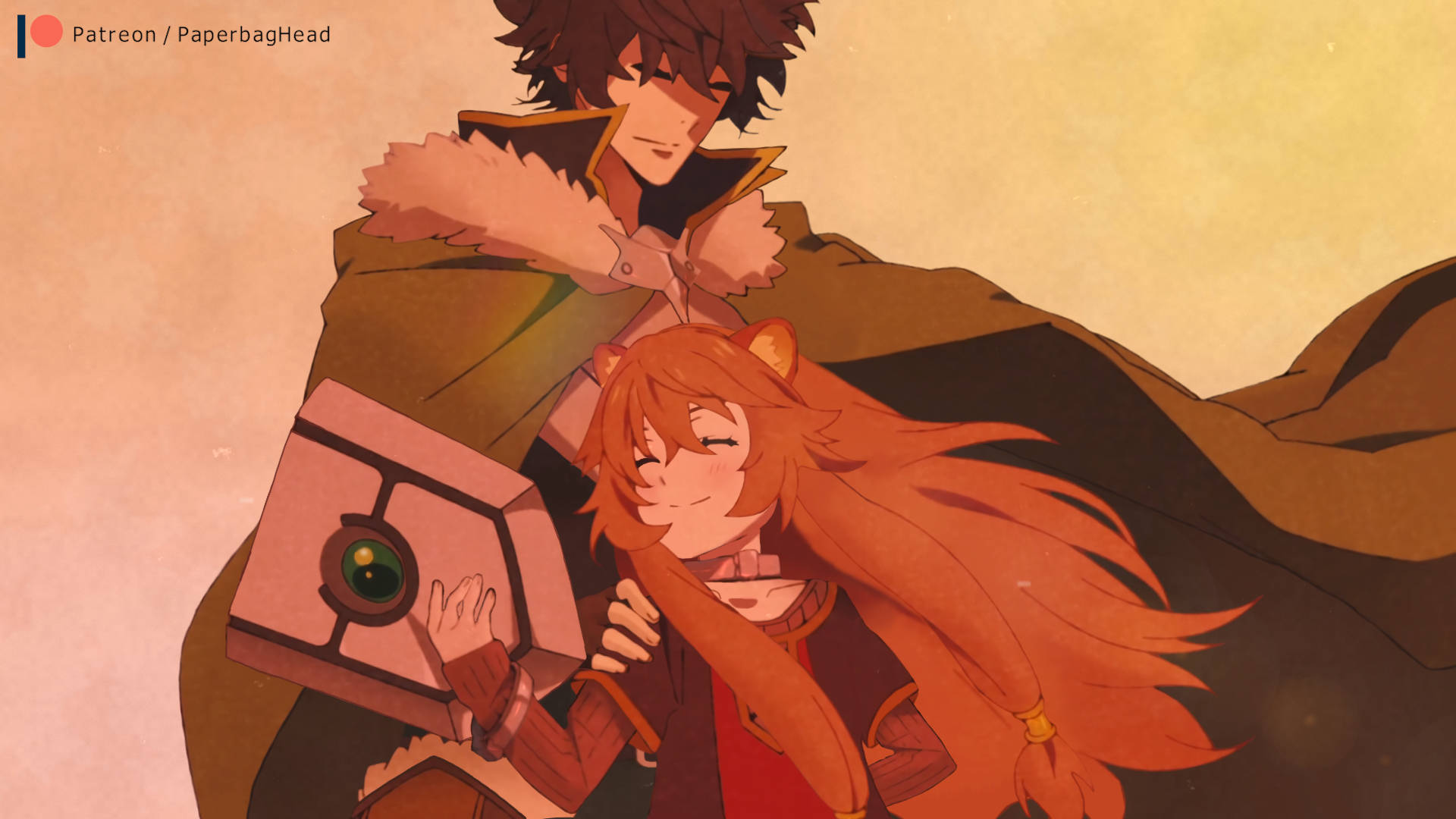 Raphtalia 桌布 壁紙 — 一個暖色調的動漫場景，一個微笑的長髮橙髮貓耳女孩拿著一個盒子，而一個披著斗篷的男孩在看著。
