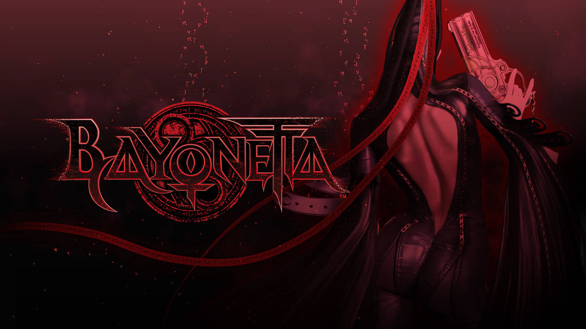 Bayonetta 桌布 壁紙 — 一個暗紅色燈光下的動漫角色，長長的黑髮和一把槍，站在Bayonetta標誌旁邊。