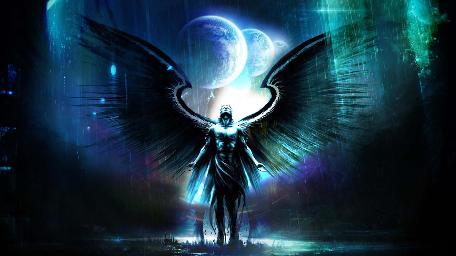 Saint Michael 桌布 壁紙 — 一個暗翼天使般的人物在發光的月亮下站在雨中，處於一個宇宙、霓虹燈照亮的奇幻場景。
