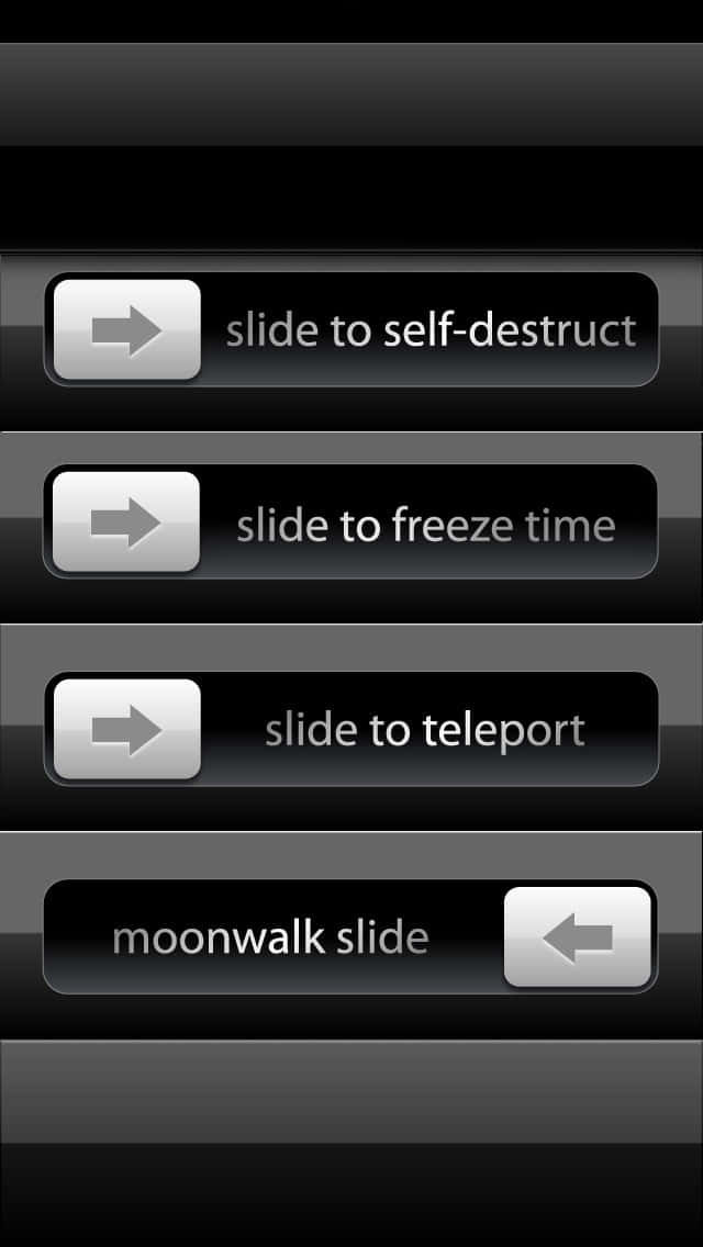 Lock Screen iPhone 桌布 壁紙 — 一個暗色智慧型手機螢幕顯示四個發光按鈕，帶有科幻指令，例如滑動自毀和月球漫步滑動。