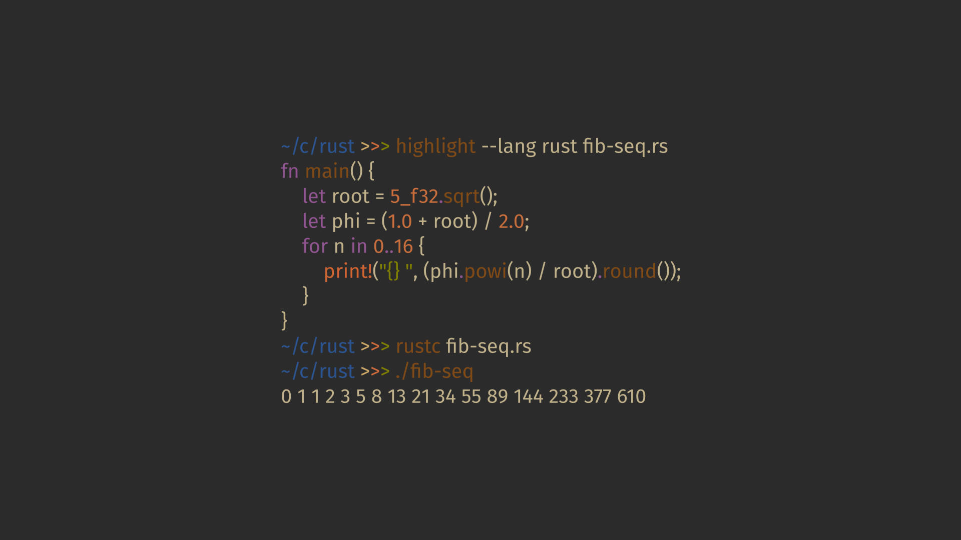 程式碼 桌布 壁紙 — 一個暗色終端機畫面顯示色彩繽紛的 Rust 程式碼，使用黃金比例近似計算費氏數列。