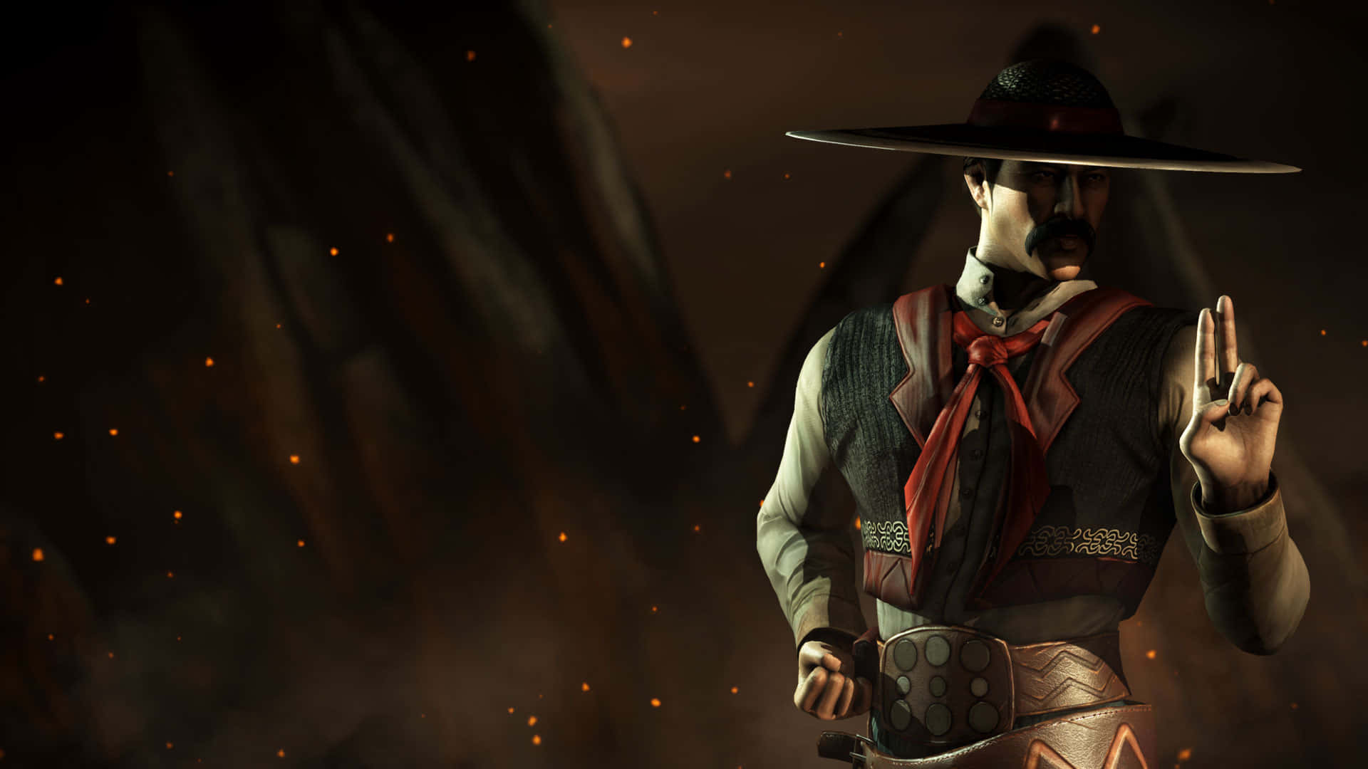 Mortal Kombat Kung Lao 桌布 壁紙 — 一個暗黑光照的數位戰士，戴著寬邊帽和紅色圍巾，在煙霧繚繞的背景中做出手勢，周圍有漂浮的火星。