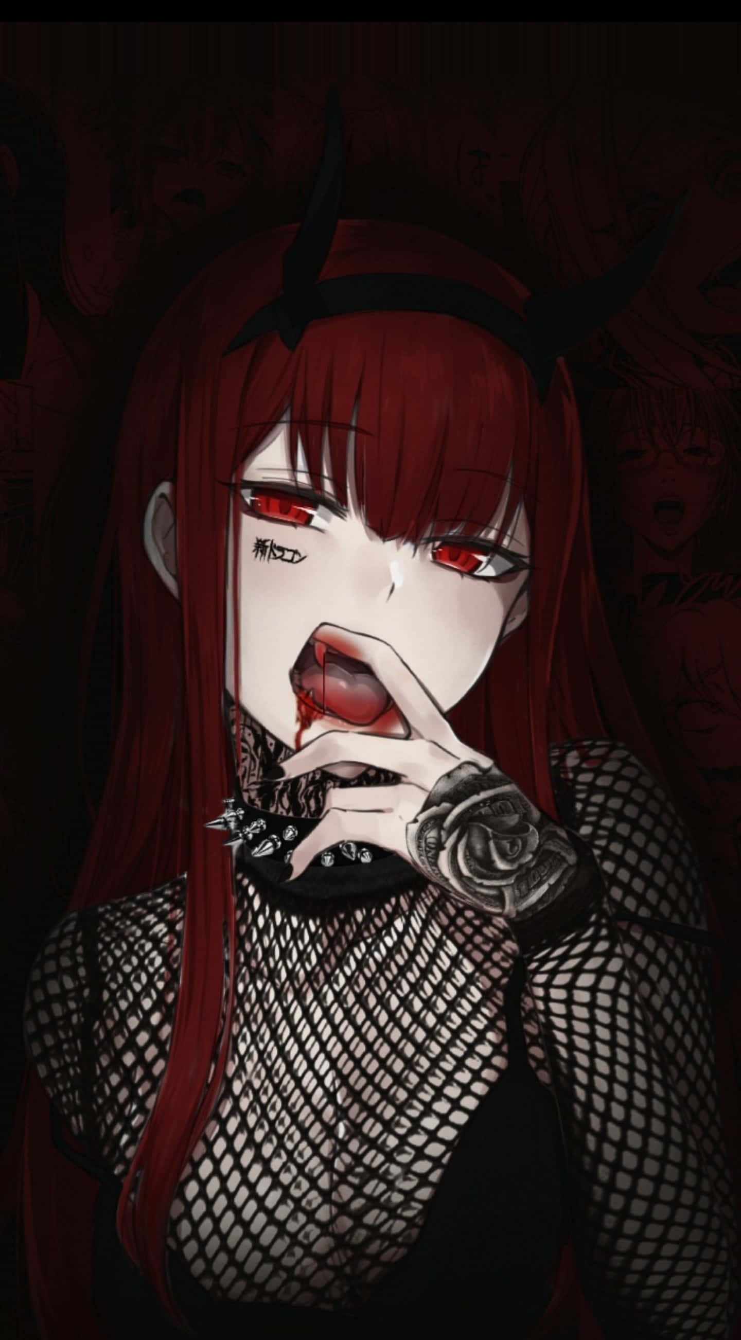 Gothic Costumes 桌布 壁紙 — 一個暗黑動漫女孩，紅髮有角，穿著魚網上衣和玫瑰刺青，咬著手指。