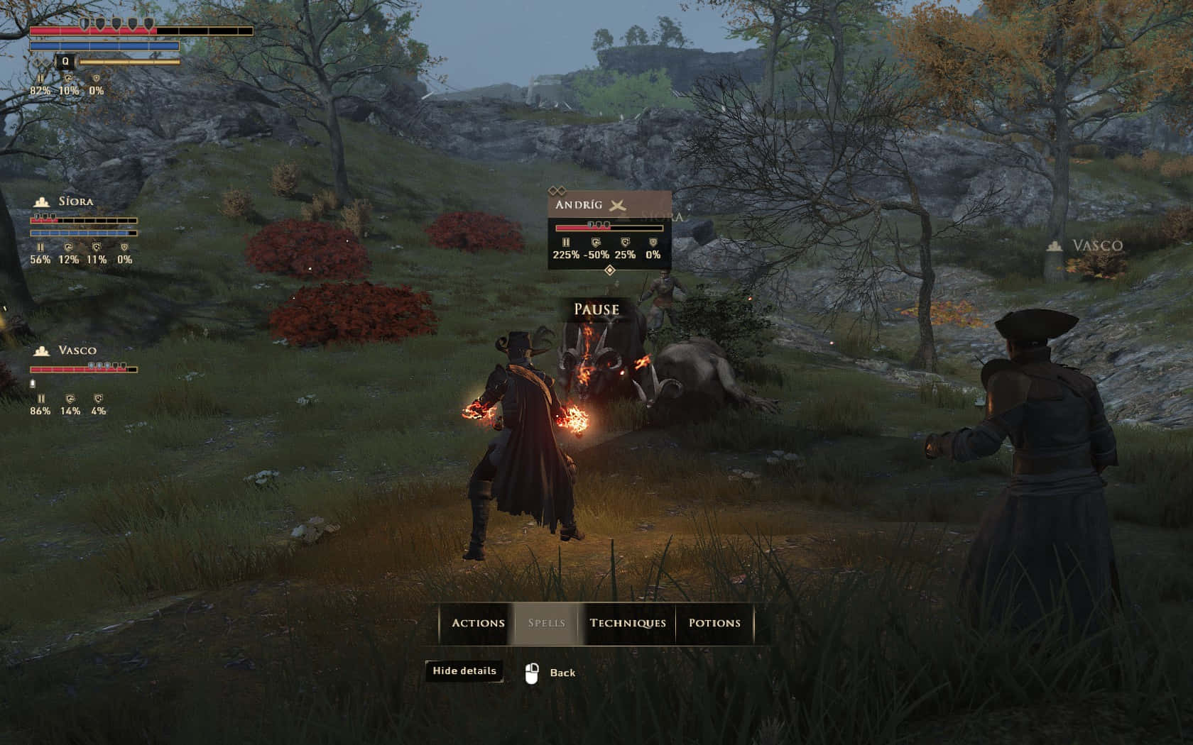 Greedfall 桌布 壁紙 — 一個暫停的RPG戰鬥場景，三個角色在岩石草地上，背景是暮色天空。