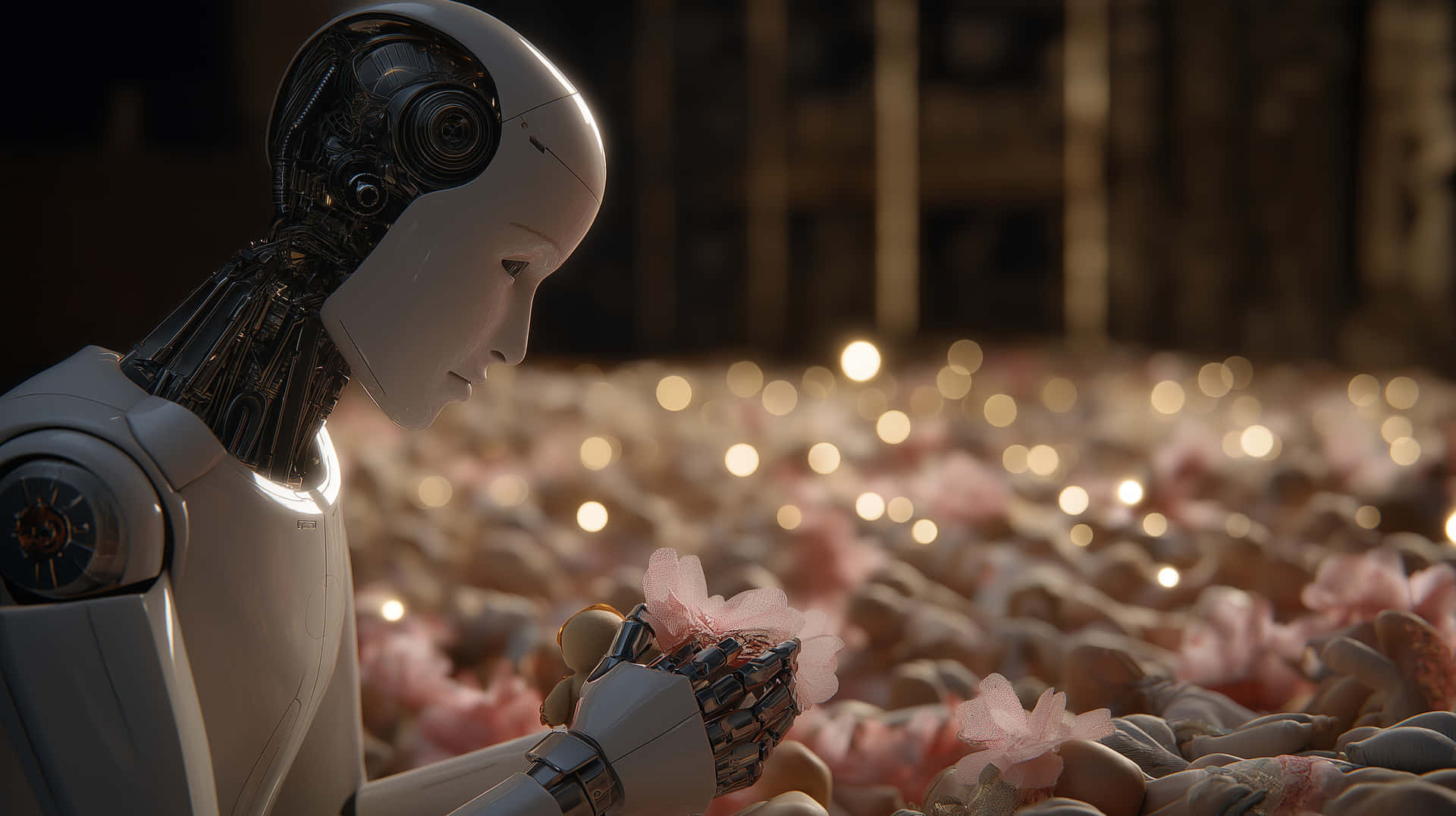 AI Robot Examining a Delicate Pink Flower in Field 壁紙 — 一個暴露機械內部的人形機器人，溫柔地拿著一朵粉紅色的花，在一片相似的花和發光的燈光之上。