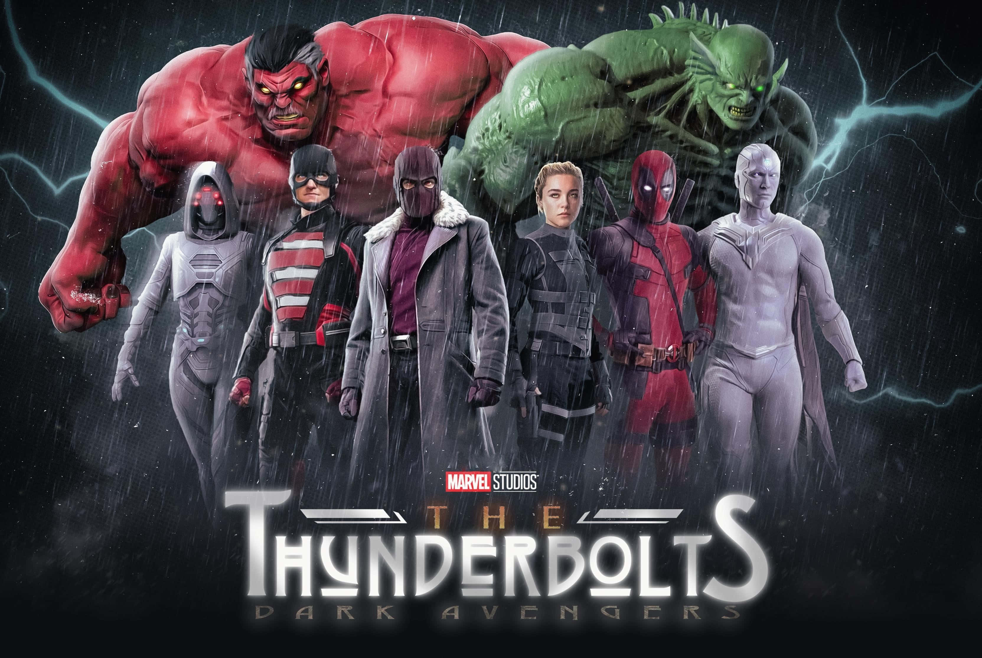 Thunderbolts 桌布 壁紙 — 一個暴風雨夜晚的場景， featuring 雷霆特攻隊，紅浩克和浩克在他們身後聳立。