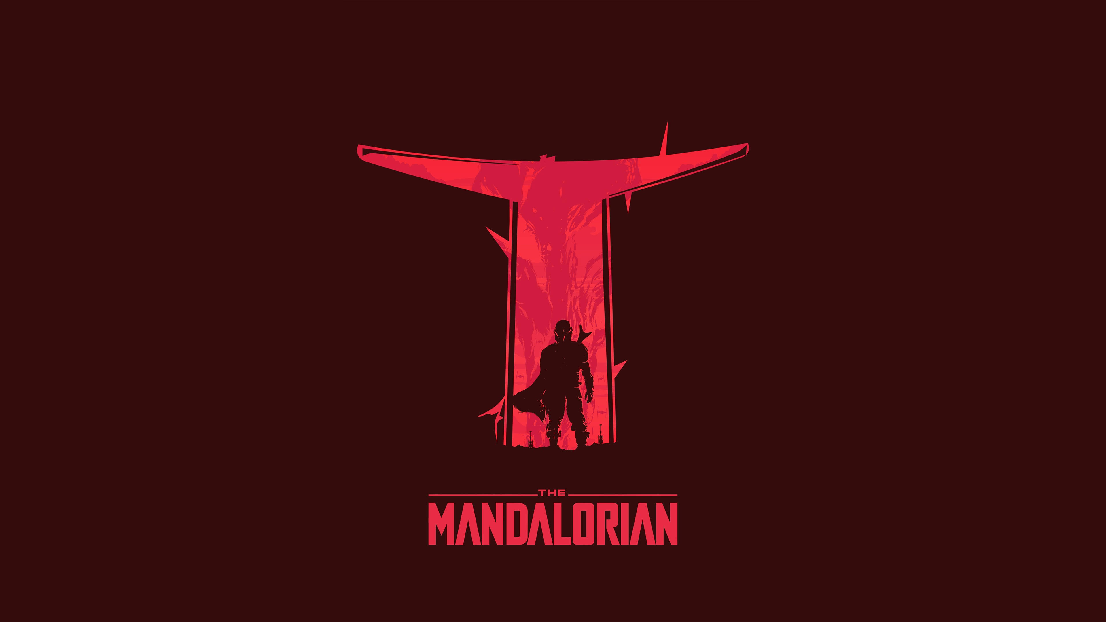Mandalorian 桌布 壁紙 — 一個曼達洛人的剪影站在發光的紅色T形結構下，背景為深酒紅色，並帶有粗體紅色標題文字。