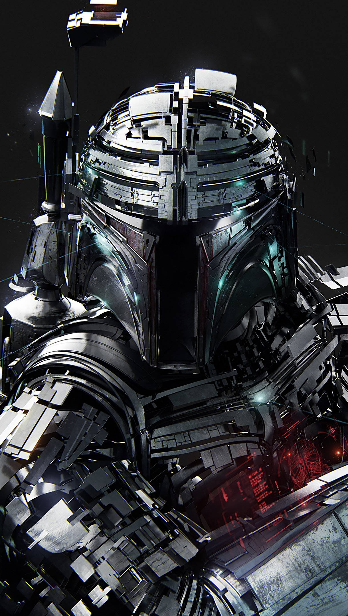 star wars iPhone 6 plus 桌布 壁紙 — 一個曼達洛戰士的近距離特寫，身穿精細的金屬盔甲，帶有發光的紅色點綴，背景為深色。