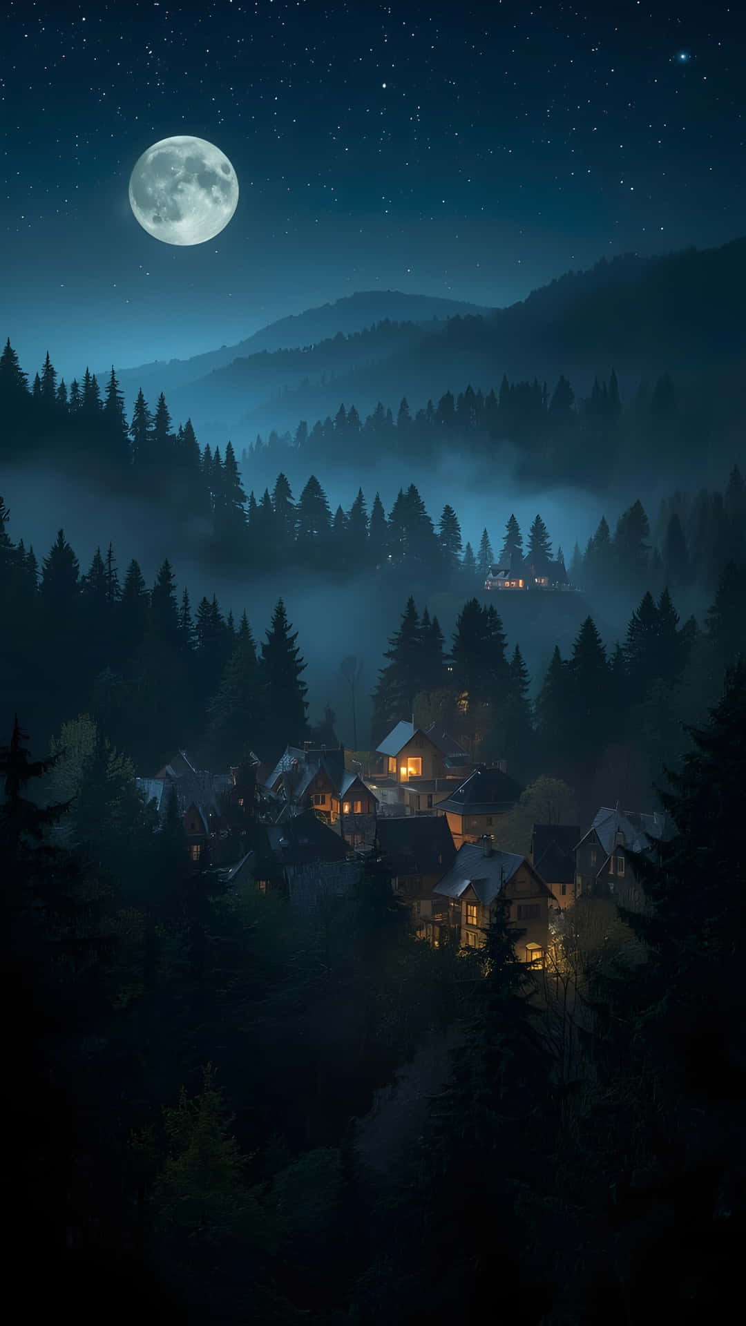 Magical Night in a Foggy Forest Village Under a Starry Sky 壁紙 — 一個月光照耀的山村，坐落在霧氣繚繞的松樹林中，星空下，窗戶閃爍著光芒。