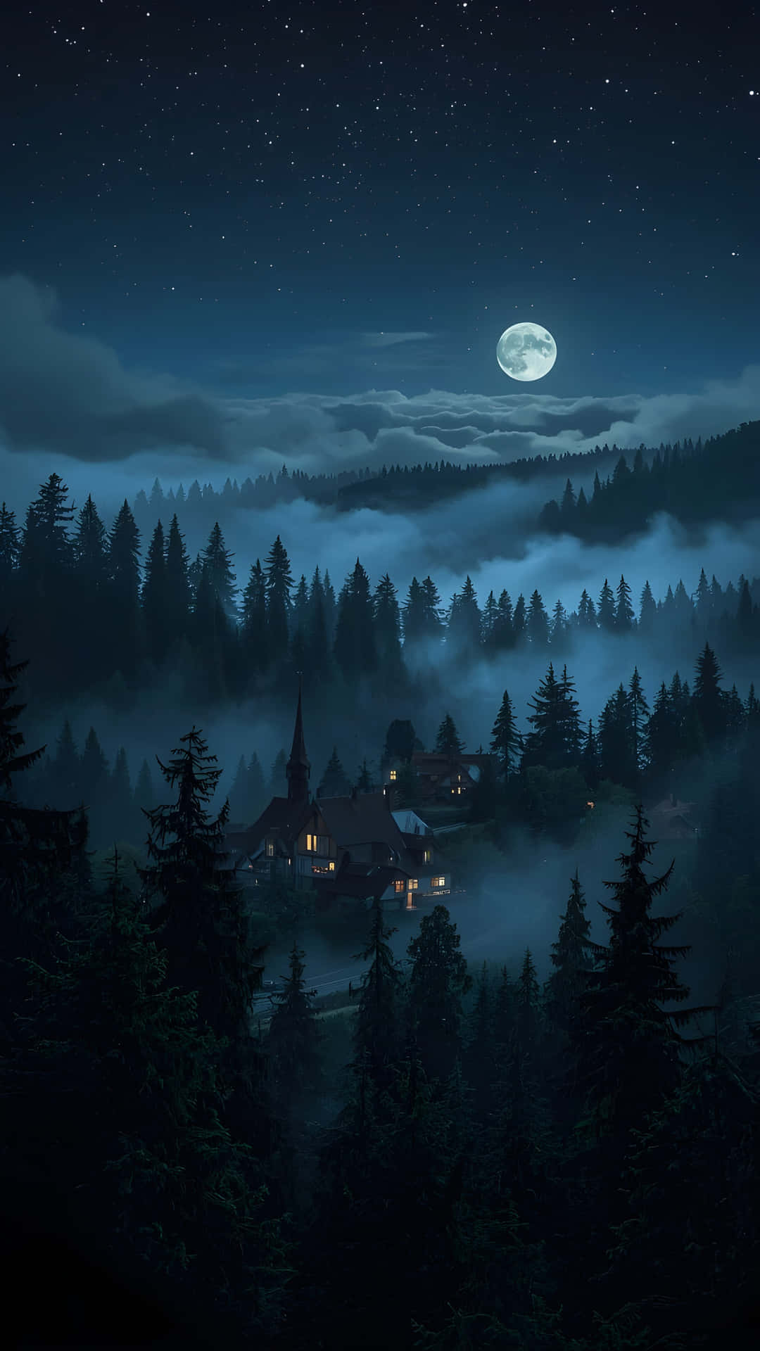 Magical Night in a Foggy Forest Village Under a Starry Sky 壁紙 — 一個月光照耀的村莊，坐落在霧氣繚繞的松林中，星空下有一輪明亮的滿月。