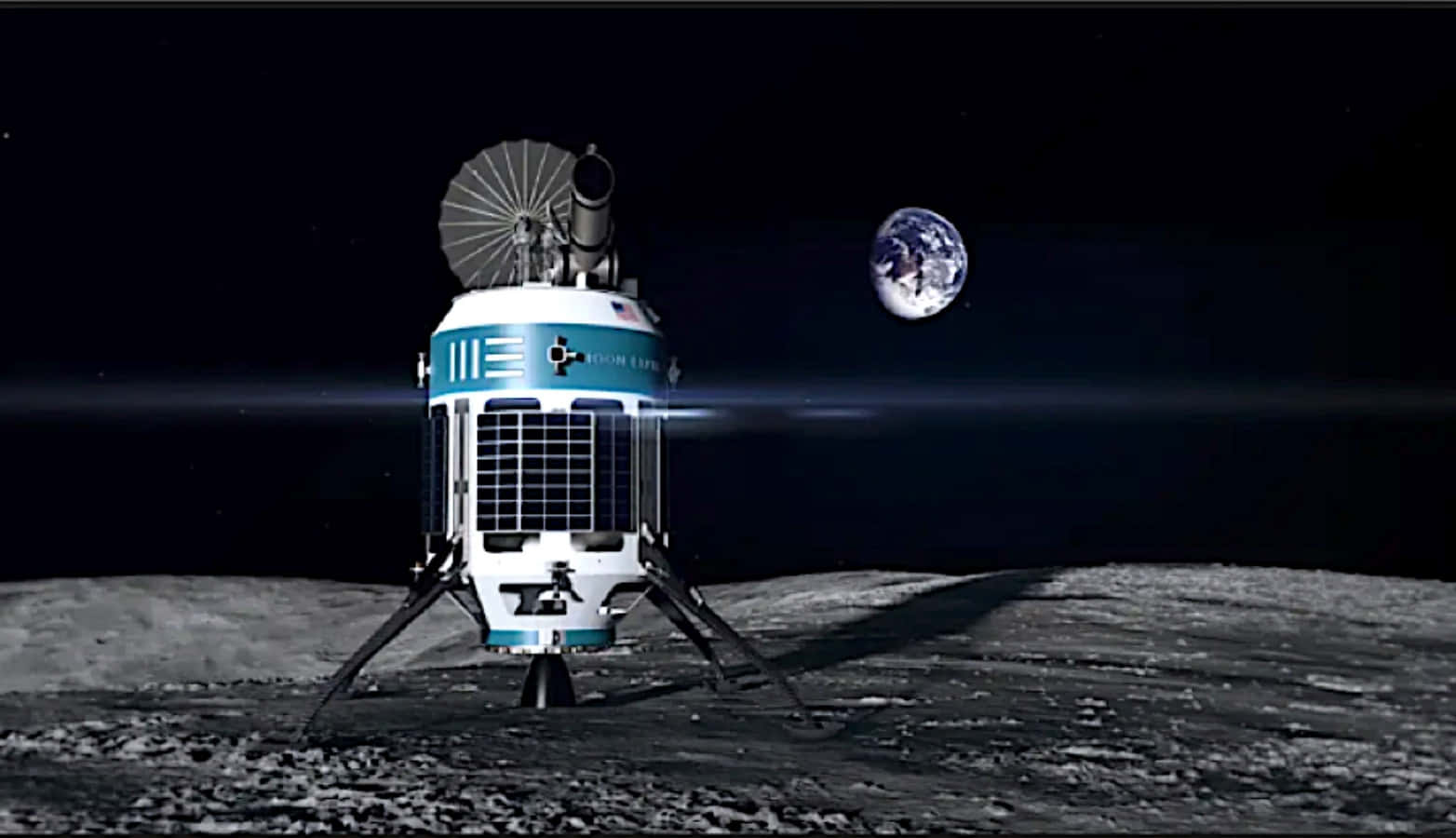 Space Mining 桌布 壁紙 — 一個月球登陸器停在月球灰色的表面上，背後漆黑的天空中地球閃耀著光芒。