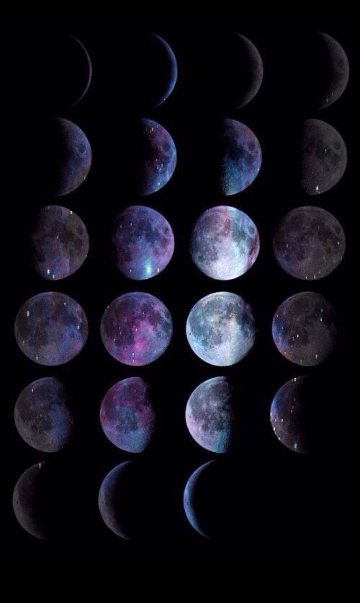 月光 桌布 壁紙 — 一個月相網格，在黑色虛空中閃耀著宇宙星雲。