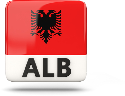 Albania 桌布 壁紙 — 一個有光澤的正方形圖示顯示阿爾巴尼亞的紅白國旗，帶有黑色雙頭鷹，下方有「ALB」文字。