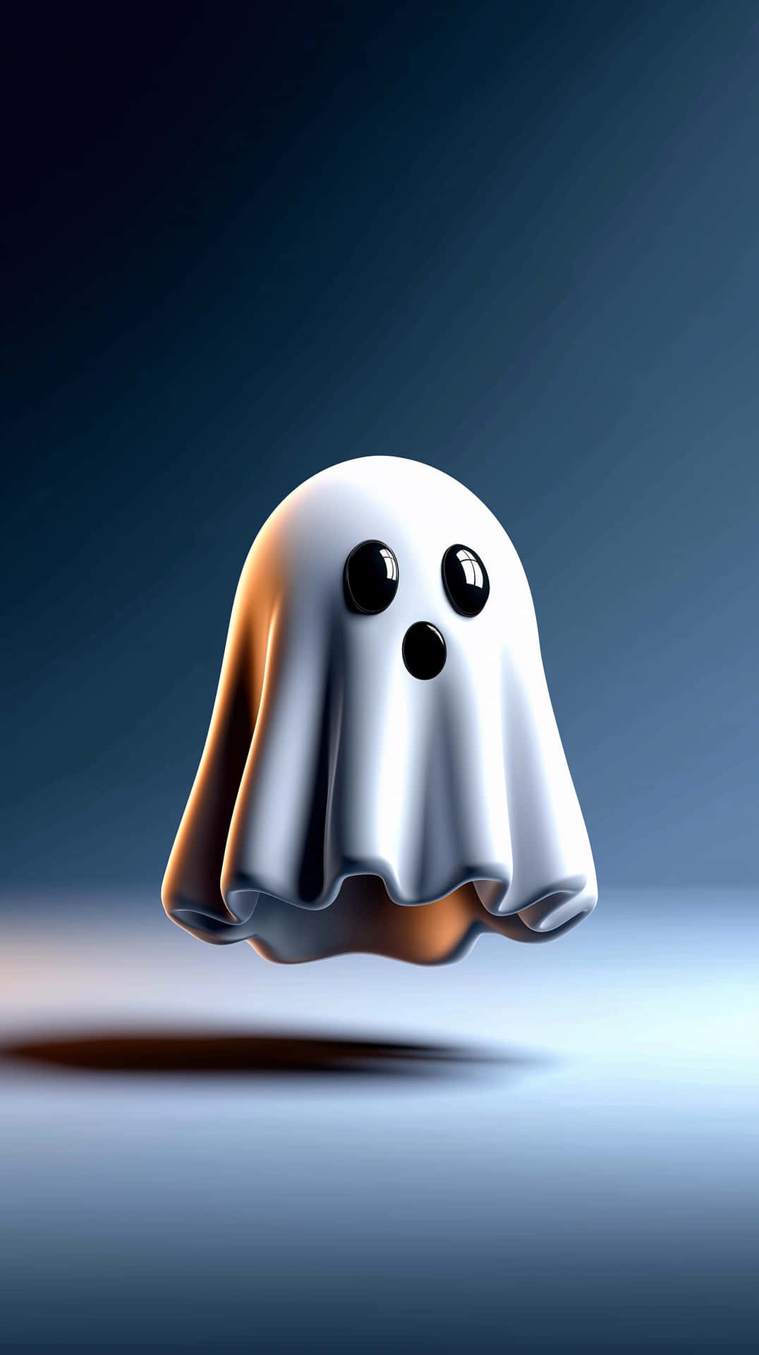 Cute 3D Ghost 壁紙 — 一個有光澤的白色卡通鬼魂，有大黑眼睛和小嘴巴，漂浮在漸變藍色背景上。