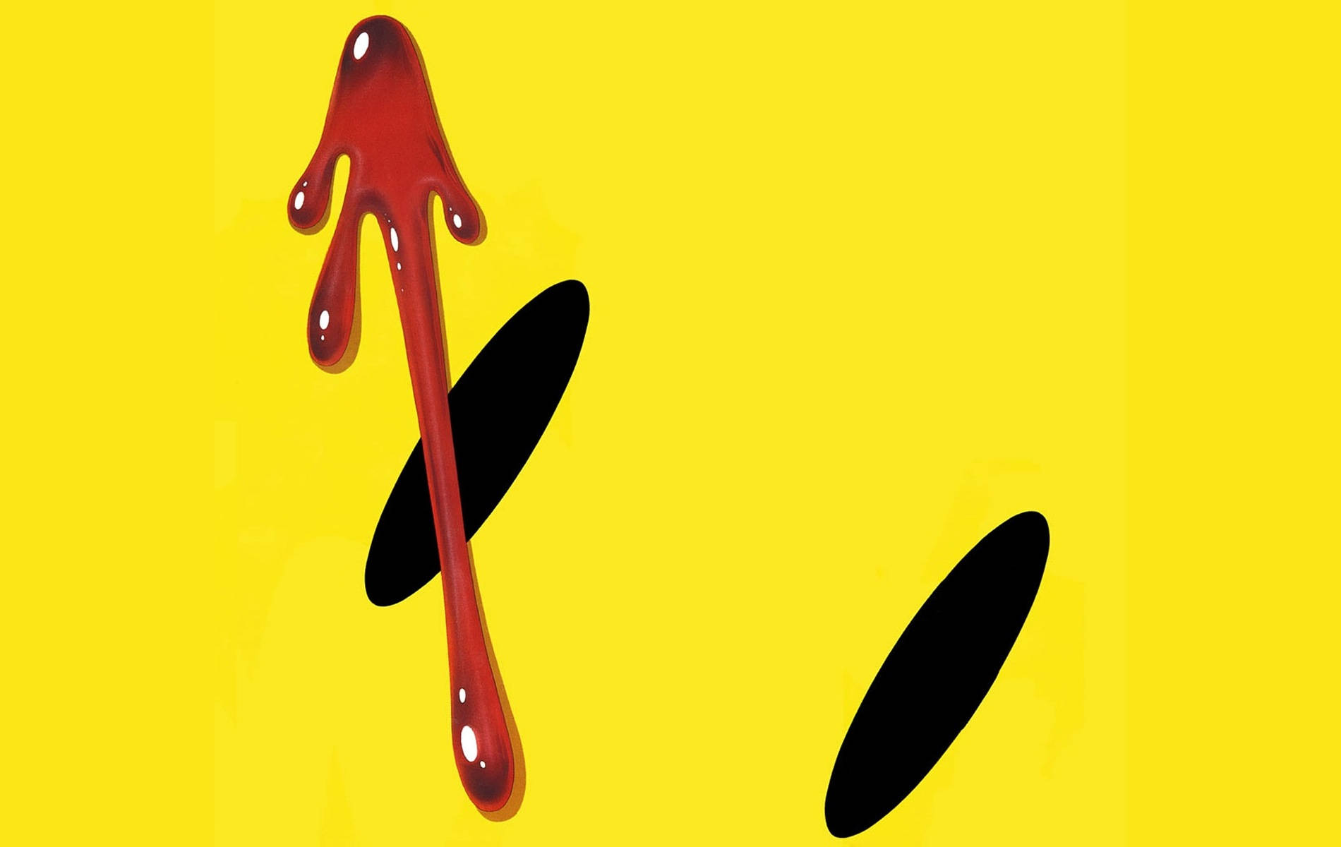 Watchmen 桌布 壁紙 — 一個有光澤的紅色液體箭頭在明亮的黃色背景上向上滴落，背景上有兩個黑色橢圓形。