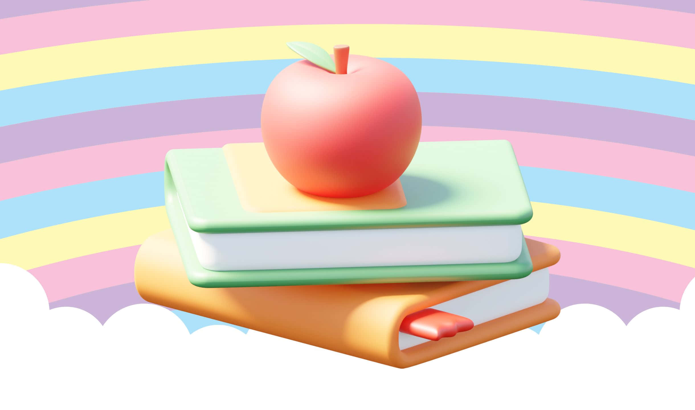2440x1440 Apple 桌布 壁紙 — 一個有光澤的紅蘋果放在一堆色彩繽紛的書本上，背景是柔和彩虹和蓬鬆的雲朵。