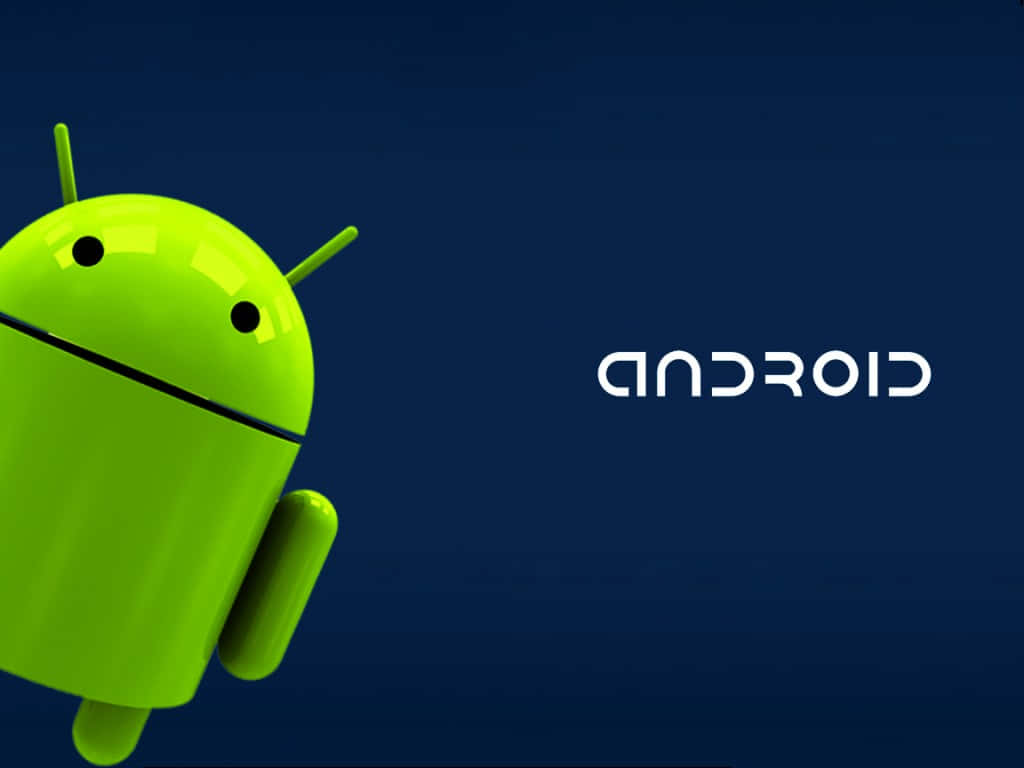 安卓 桌布 壁紙 — 一個有光澤的綠色Android機器人吉祥物站在深藍色背景上，並帶有白色文字'android'。