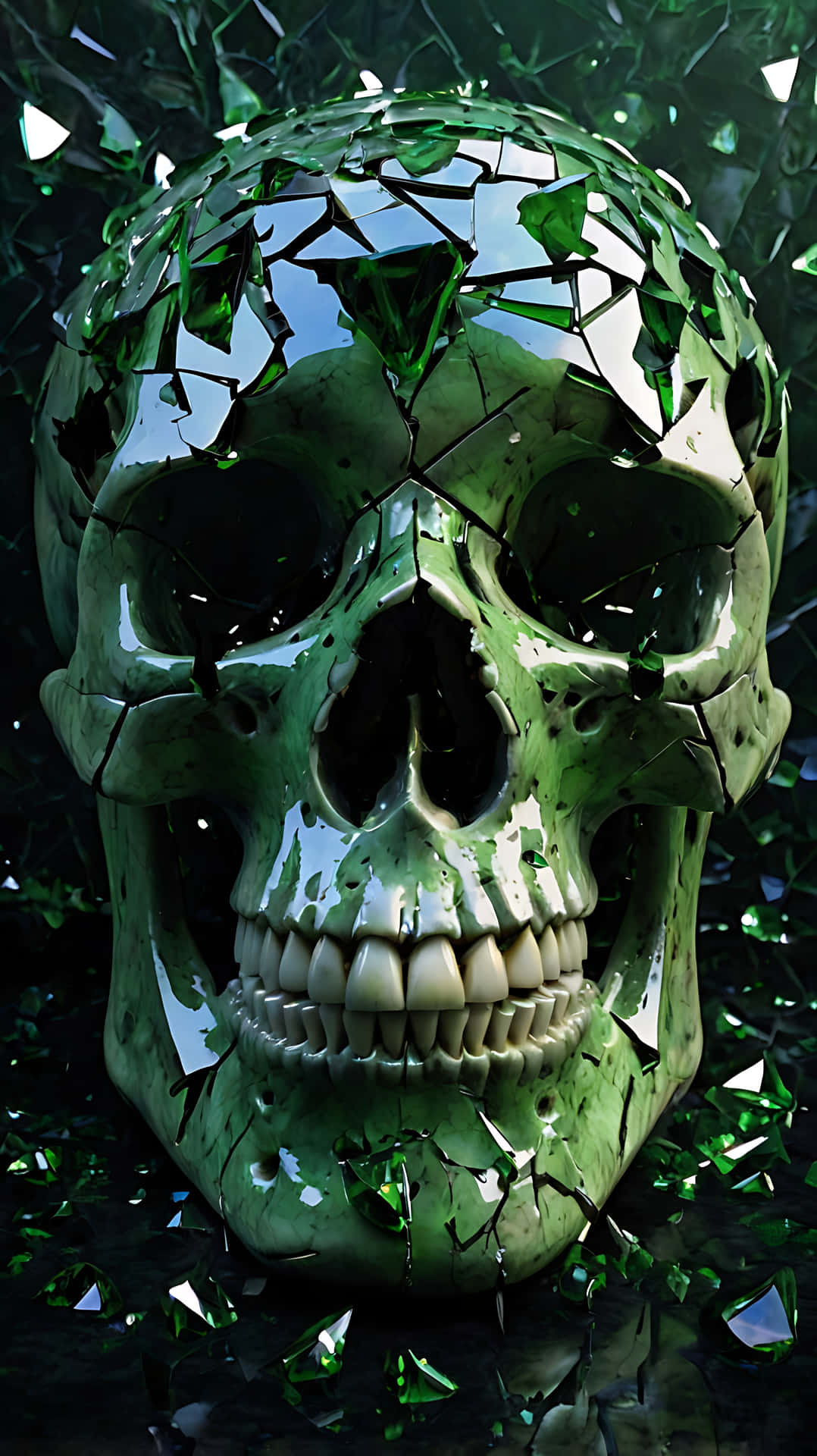 Shattered Skull Reflecting a Dark Fantasy Realm. skull wallpaper 壁紙 — 一個有光澤的綠色頭骨碎裂成水晶碎片，反光的碎片散落在其底部周圍。