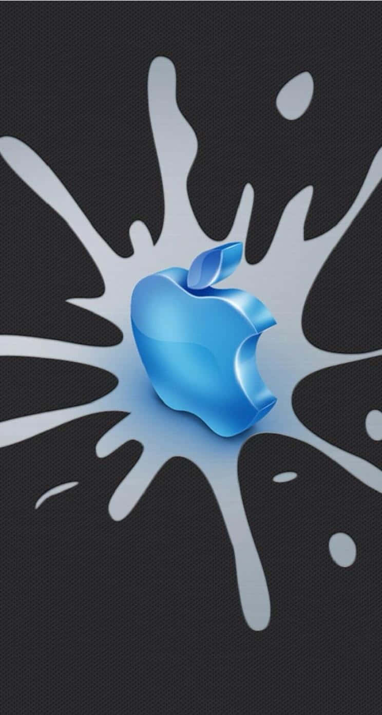 蘋果標誌 桌布 壁紙 — 一個有光澤的藍色Apple標誌在深色紋理背景上濺開，白色液滴向外輻射。