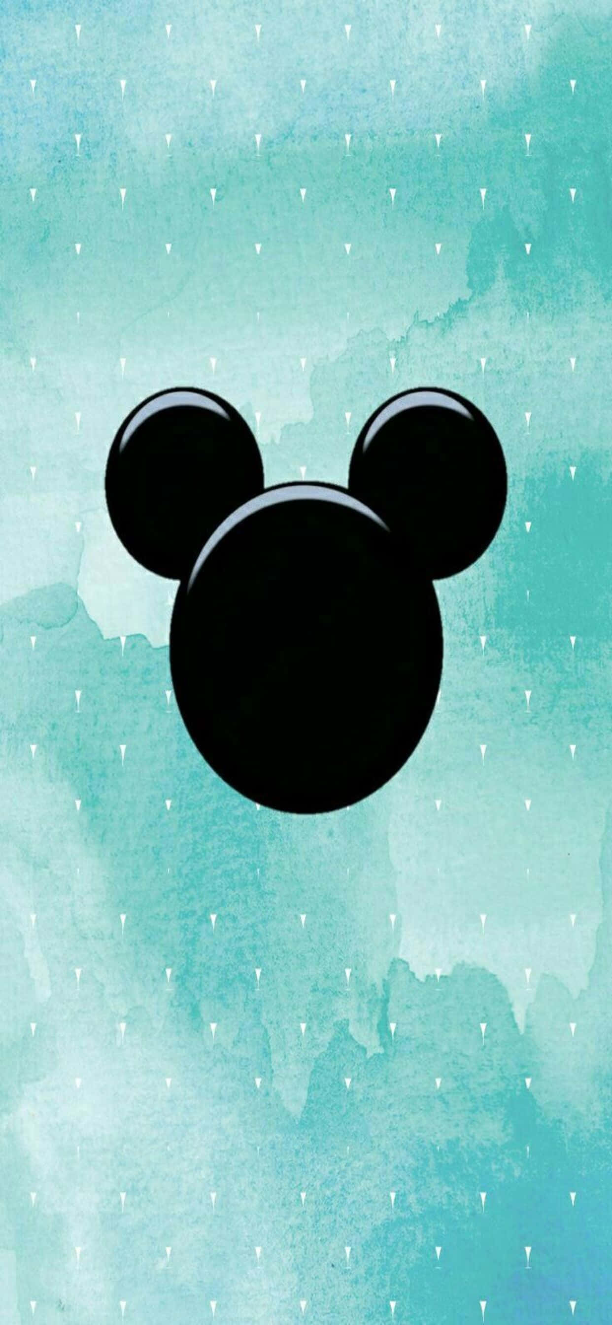 iPhone Xs Max Disney 桌布 壁紙 — 一個有光澤的黑色米奇老鼠頭剪影漂浮在帶有雨滴的藍綠色水彩背景上。
