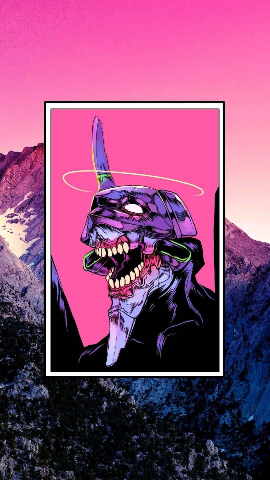 Pink Aesthetic Anime Phone 桌布 壁紙 — 一個有光環和尖牙的卡通紫色惡魔，鑲在畫框裡，凝視著粉紅色日落山脈的背景。